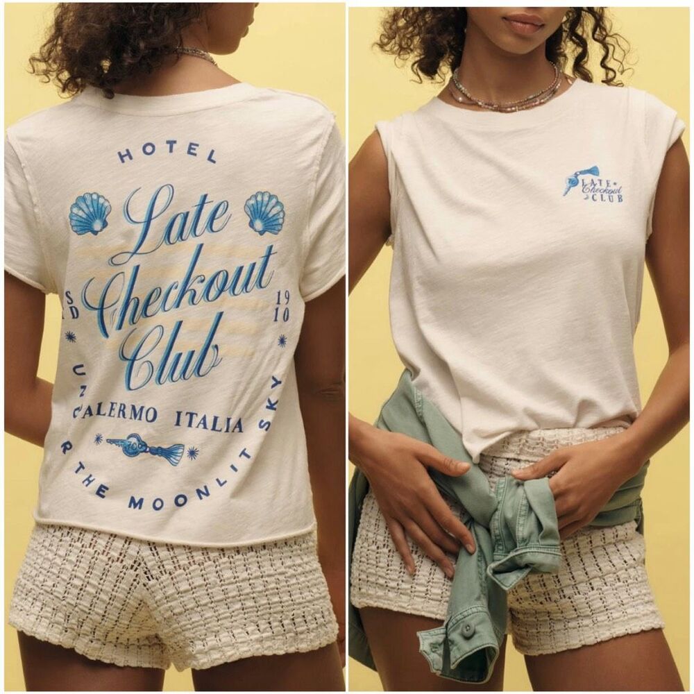 Anthropologie Cream Graphic 'Late Checkout Club' Tee with Blue Print